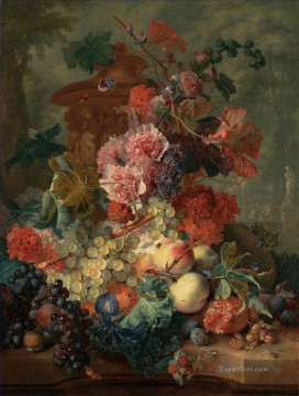 Pieza de fruta con esculturas de flores clásicas de Jan van Huysum. Pinturas al óleo